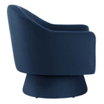 Astral Performance Velvet Fabric and Wood Swivel Chair in Midnight Blue