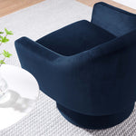 Astral Performance Velvet Fabric and Wood Swivel Chair in Midnight Blue