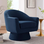 Astral Performance Velvet Fabric and Wood Swivel Chair in Midnight Blue