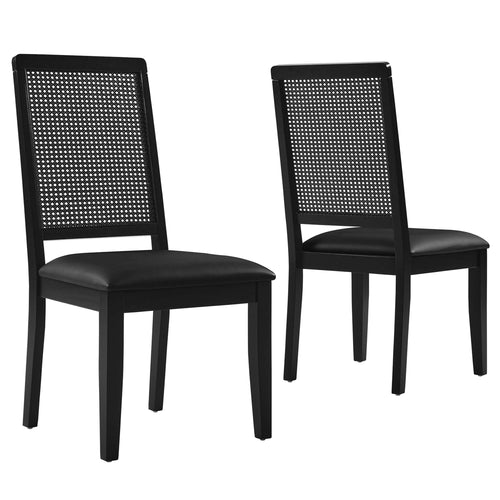 Arlo Vegan Leather Upholstered Faux Rattan and Wood Dining Side Chairs Set of 2 in Black Black