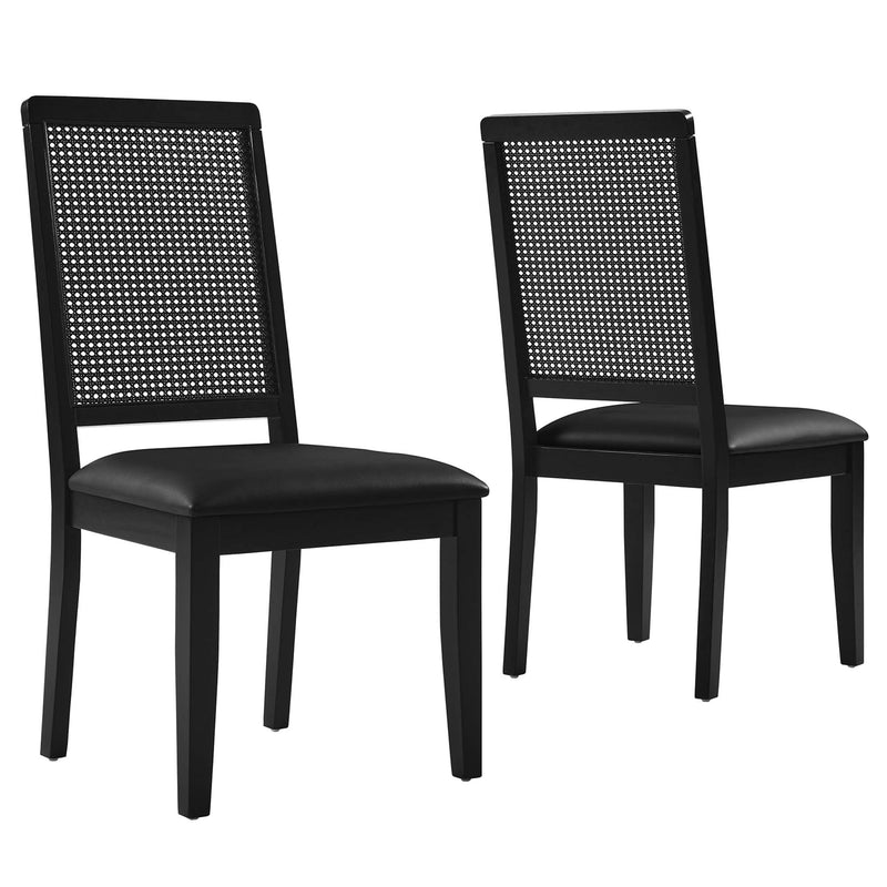 Arlo Vegan Leather Upholstered Faux Rattan and Wood Dining Side Chairs Set of 2 in Black Black