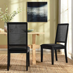 Arlo Vegan Leather Upholstered Faux Rattan and Wood Dining Side Chairs Set of 2 in Black Black