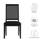 Arlo Vegan Leather Upholstered Faux Rattan and Wood Dining Side Chairs Set of 2 in Black Black