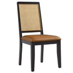 Arlo Vegan Leather Upholstered Faux Rattan and Wood Dining Side Chairs Set of 2 in Black Natural Tan