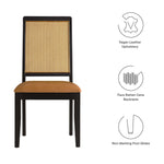 Arlo Vegan Leather Upholstered Faux Rattan and Wood Dining Side Chairs Set of 2 in Black Natural Tan