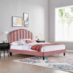 Daisy Tapered Wood Leg Performance Velvet Queen Platform Bed in Dusty Rose