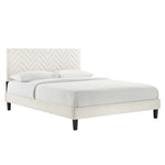 Leah Tapered Wood Leg Chevron Tufted Performance Velvet Queen Platform Bed in White