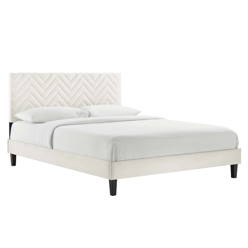 Leah Tapered Wood Leg Chevron Tufted Performance Velvet Queen Platform Bed in White