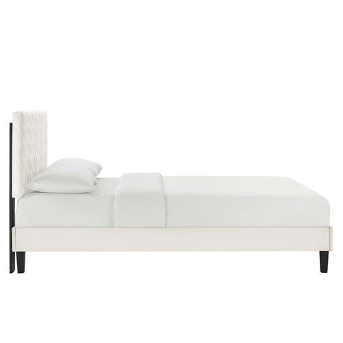 Leah Tapered Wood Leg Chevron Tufted Performance Velvet Queen Platform Bed in White