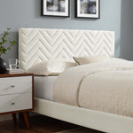 Leah Tapered Wood Leg Chevron Tufted Performance Velvet Queen Platform Bed in White