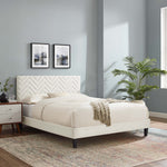 Leah Tapered Wood Leg Chevron Tufted Performance Velvet Queen Platform Bed in White