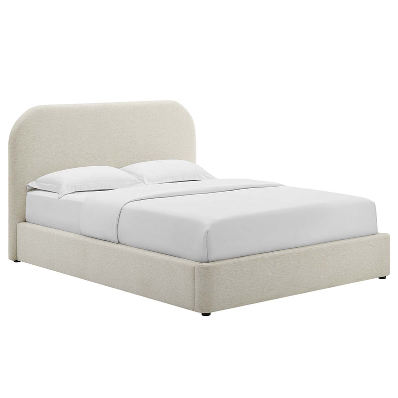 Keynote Upholstered Fabric Curved Queen Platform Bed in Heathered Weave Ivory