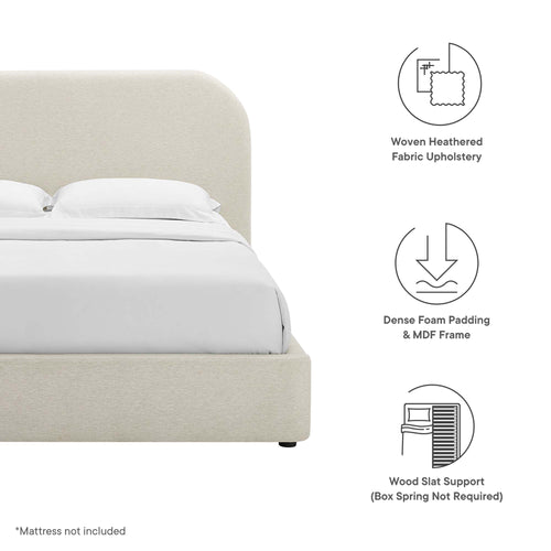 Keynote Upholstered Fabric Curved Queen Platform Bed in Heathered Weave Ivory