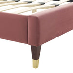 Juniper King Velvet Platform Bed with Wood and Gold Legs in Dusty Rose