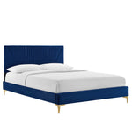 Yasmine King Velvet Channel Tufted Platform Bed in Navy