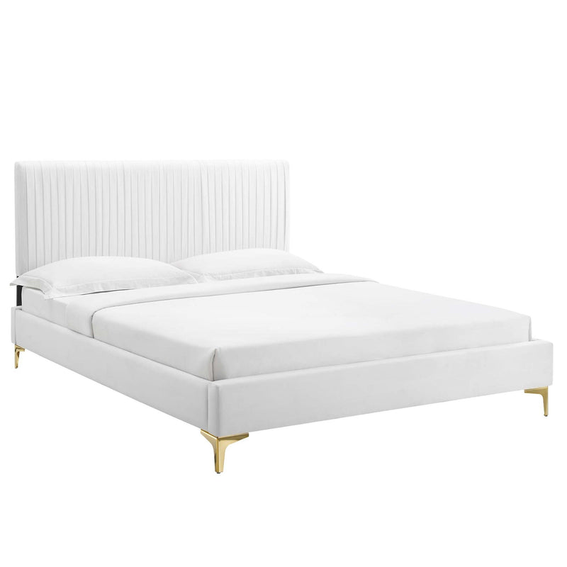 Peyton Queen Velvet Channel Tufted Platform Bed in White