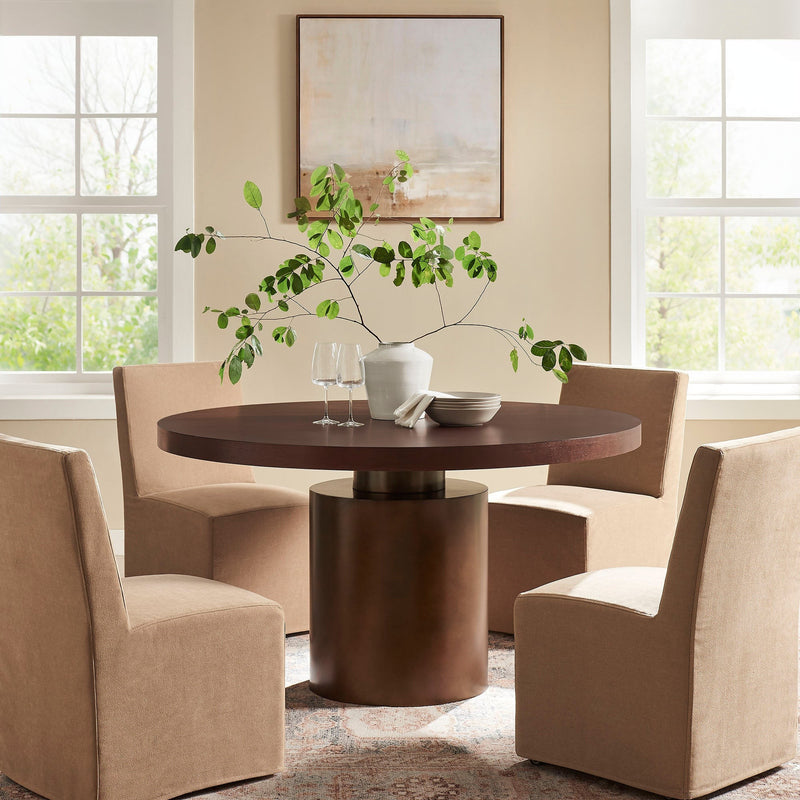 Annette 54 Inch Round Pedestal Dining Table in Dark Walnut / Burnished Brass