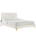 Yasmine King Velvet Channel Tufted Platform Bed in White