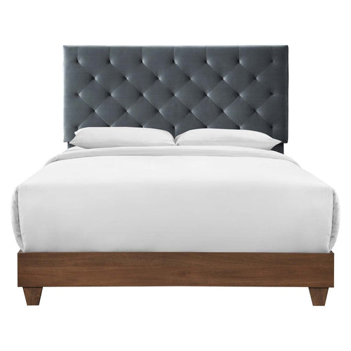 Rhiannon Queen Diamond Tufted Velvet Bed in Walnut Charcoal
