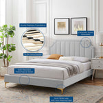 Sienna King Velvet Platform Bed in Light Gray