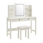 Emmeline Scalloped Vanity Desk With LED Mirror and Stool in White Ivory