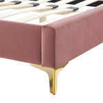Juniper King Velvet Platform Bed with Gold Metal Legs in Dusty Rose