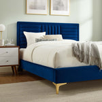 Sofia King Velvet Channel Tufted Platform Bed in Navy