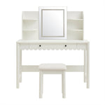 Emmeline Scalloped Vanity Desk With LED Mirror and Stool in White Ivory