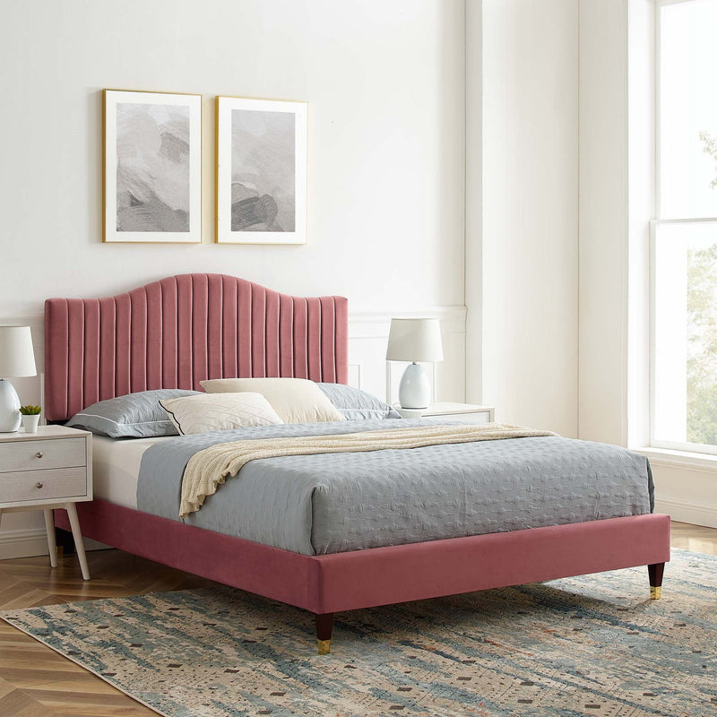 Juniper King Velvet Platform Bed with Wood and Gold Legs in Dusty Rose