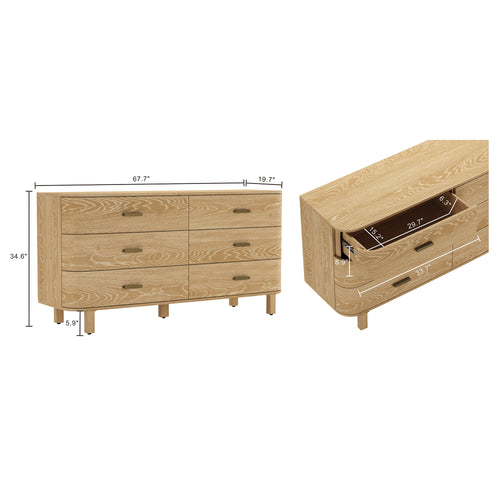 Solara 68" Solid Wood Dresser (6-Drawer) in Natural Oak