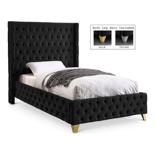 Savan Velvet Upholstered Twin Bed in Black