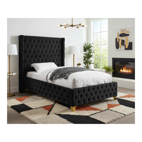 Savan Velvet Upholstered Twin Bed in Black