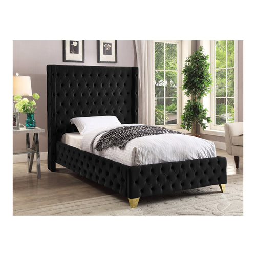 Savan Velvet Upholstered Twin Bed in Black