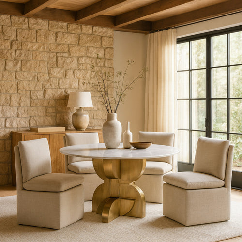 Alden 48" Marble Top And Brass Base Dining Table in White