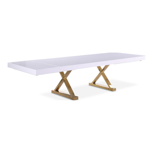 Excel 84" / 123.5" Lacquer Finish Top And Stainless Steel Base Extendable 2 Leaf Extendable Dining Table (3 Boxes) in White