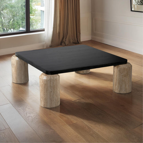 Ferrara Oak Wood Top And Travertine Base Coffee Table (3 Boxes) in Natural