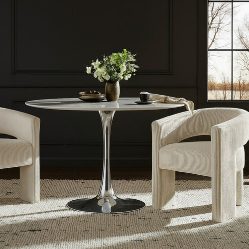 Holly 48" Marble Veneer Top And Metal Base Dining Table (3 Boxes) in Chrome