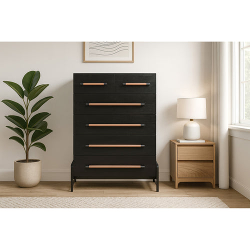 Kaya Oak Veneer And Vegan Leather Handle Chest in Black