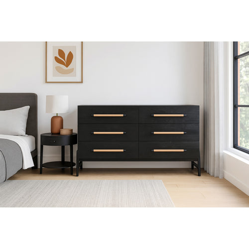 Kaya Oak Veneer And Vegan Leather Handle Dresser in Black