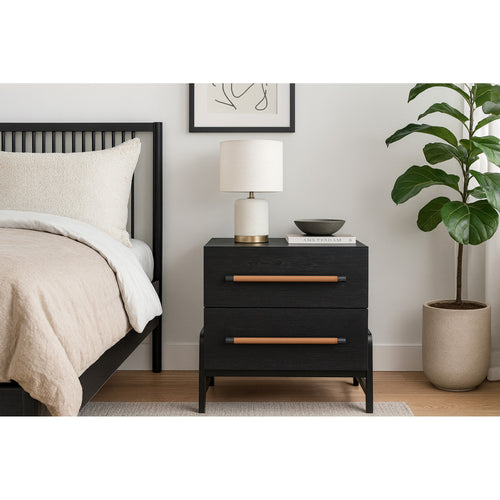 Kaya Oak Veneer And Vegan Leather Handle Nightstand in Black