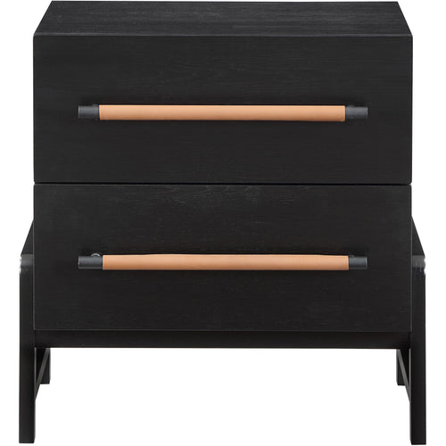 Kaya Oak Veneer And Vegan Leather Handle Nightstand in Black