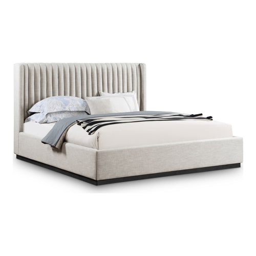 Logan Linen Textured Fabric Upholstered King Bed in Beige