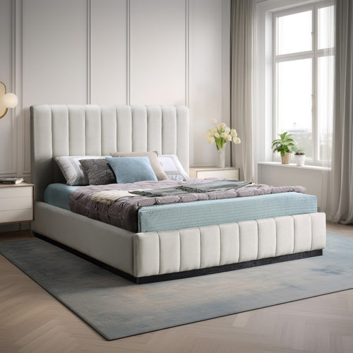 Lucia Linen Textured Fabric Upholstered King Bed in Beige