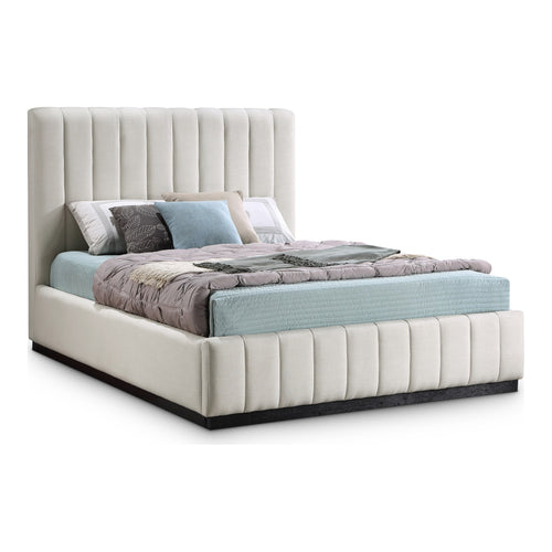 Lucia Linen Textured Fabric Upholstered Queen Bed in Beige