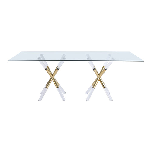 Mercury 84" Glass Top, Acrylic And Metal Base Dining Table in Gold
