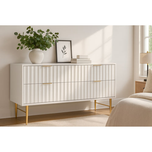 Modernist Wood Veneer And Stainless Steel Base Dresser in White