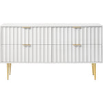 Modernist Wood Veneer And Stainless Steel Base Dresser in White