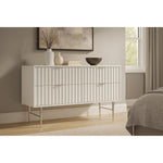 Modernist Wood Veneer And Stainless Steel Base Dresser in White