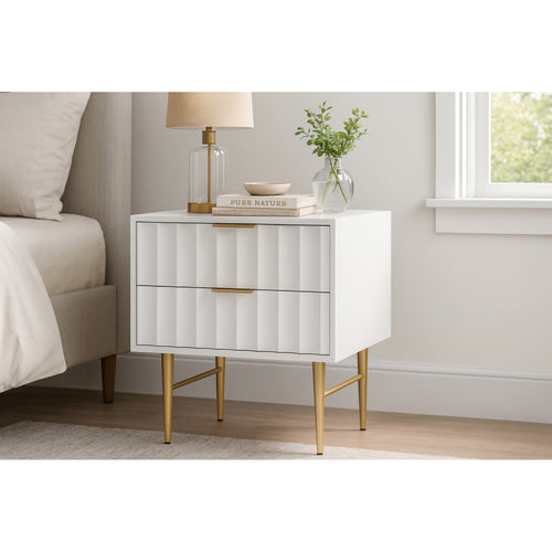 Modernist Wood Veneer And Stainless Steel Base Nightstand in White