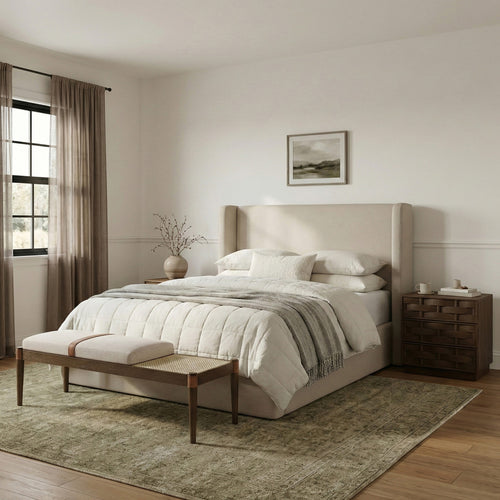 Nara Linen Textured Fabric Upholstered Bench in Beige